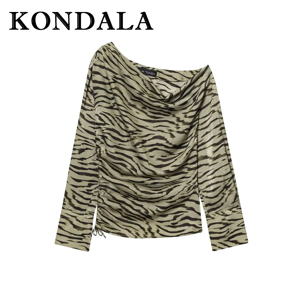 

KONDALA Chic 2025 асимметричный плиссированный чехол женский топ модная осенняя уличная одежда с длинным рукавом с животным принтом повседневная женская футболка