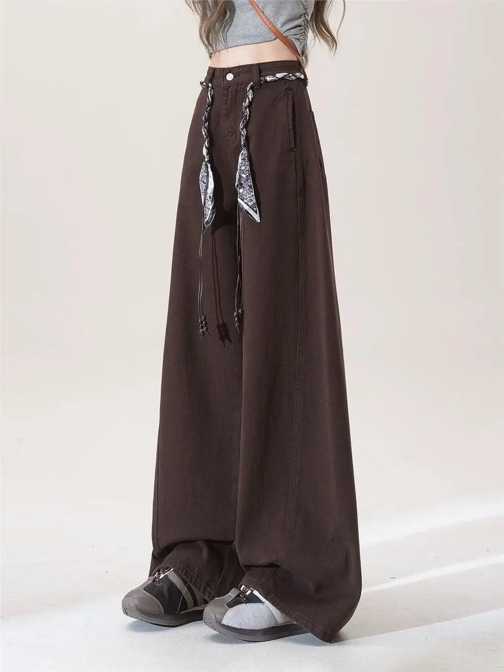 하이웨이스트 아메리칸 슬레 나이프 데님 팬츠 (여성용, 벨트 포함, 바닥까지 오는 길이, 커피색, 트렌디한 INS 와이드 레그 진)