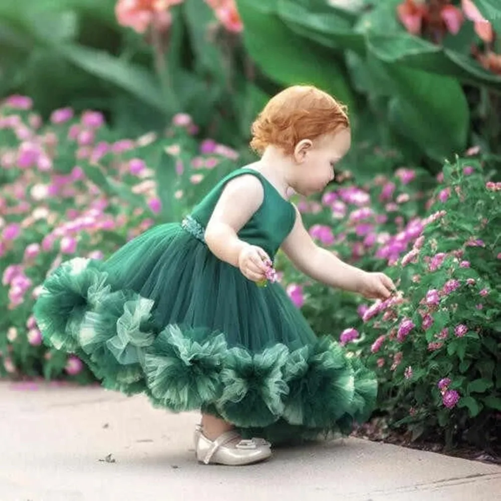 GreenTulle-Vestidos escalonados De princesa para niña, vestidos De flores para desfile De cumpleaños, bata De comunión, fiesta De bebé 2022