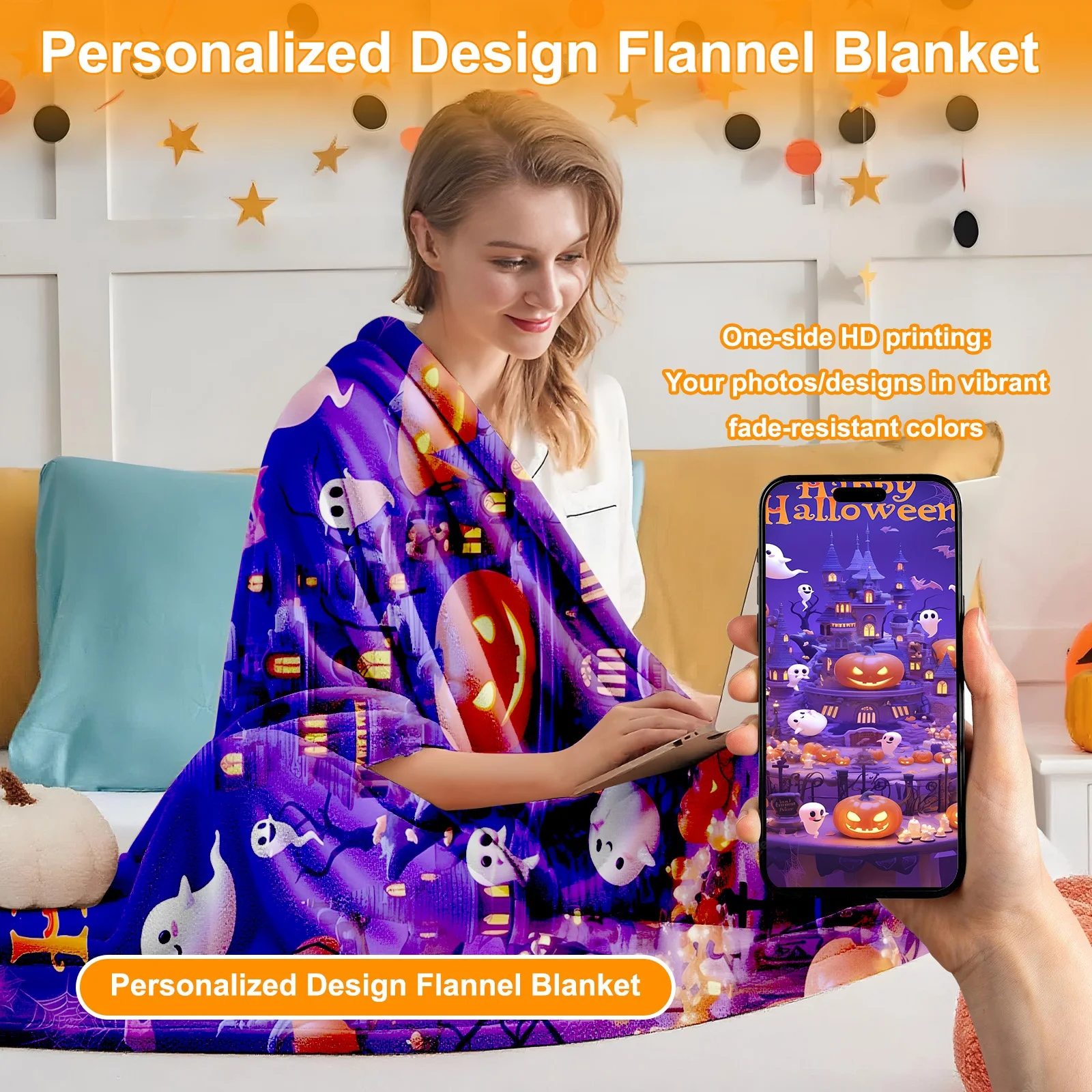 DIY individuelle Decke – Halloween-Thema |     Jack-O'-Lanterns und Hexenabdrücke |     Weich |     Reise-/Sofa |     Süßes oder behandeltes Geschenk
