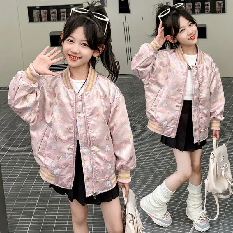 

2025 New Clothes Girls Baseball Coat Children's Jacket Spring Sweet Fashion Outerwear Autumn Kids Zipper Punch,for 4-12Years old