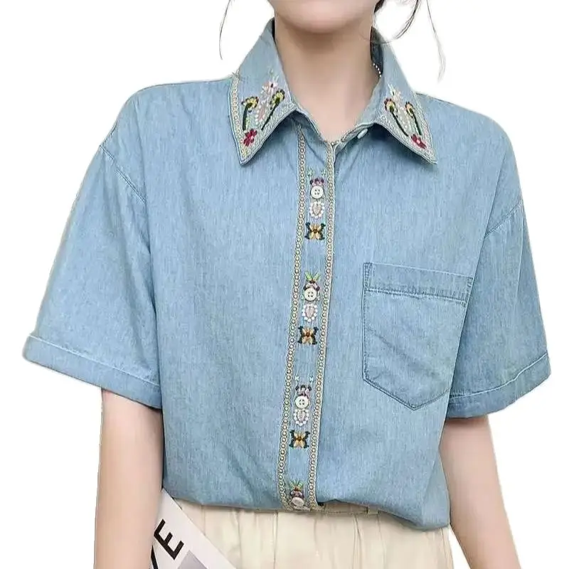 New Spring Denim Loose Shirt Women Embroidery Top Girl Sweet Short Sleeve Casual Blouses 2024 Summer T44644QM