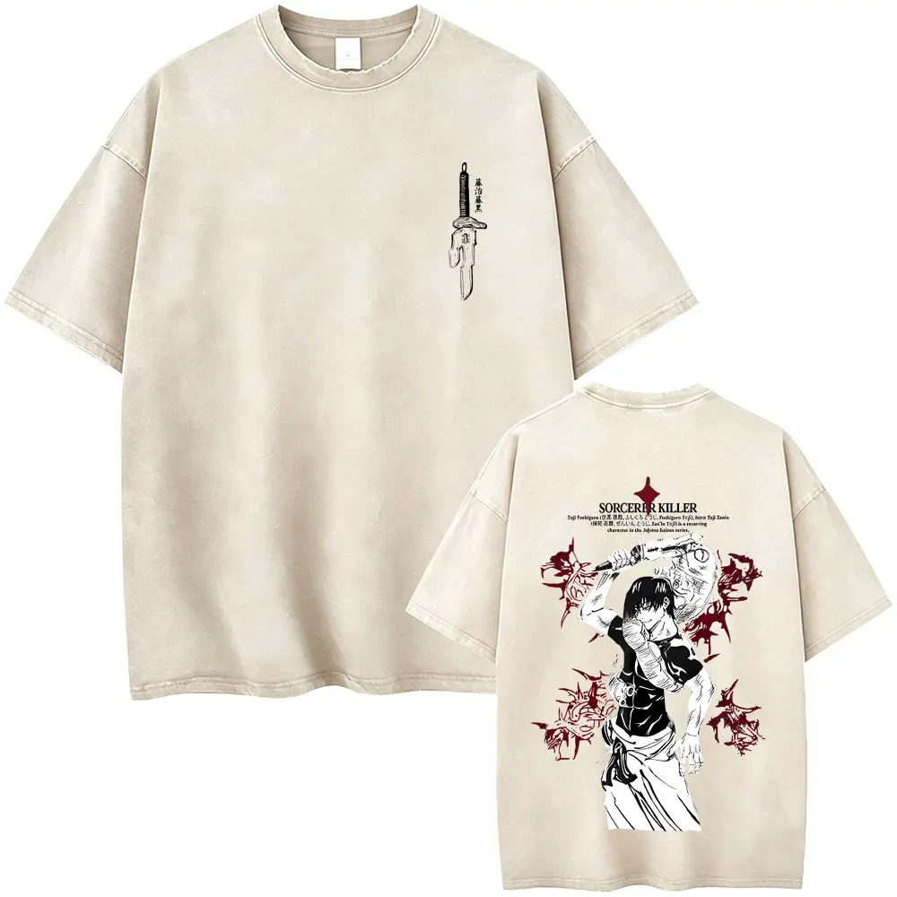 Anime Jujutsu Kaisen Fushiguro Toji Sorcerer Killer Vintage Washed T Shirt Men Cartoon Manga Oversized T-shirts Male Streetwear