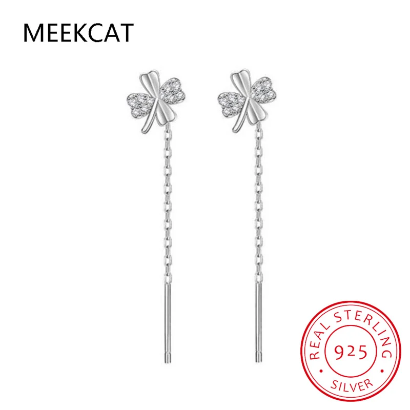 Pendientes de gota de trébol de circón para mujer, de Plata de Ley 925 auténtica, borla de cadena de 4CM, accesorios de joyería fina para fiesta, regalo