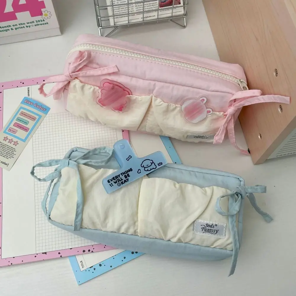 Cartoon Bowknot Pen Bag Soft Fabric Large Capacity Stationery Bag Multifunctional Pencil Case Students