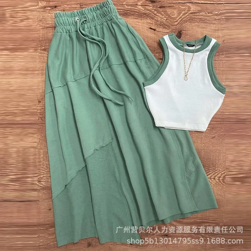 Mandylandy Vest Top Women Summer Dress Sets 2 Piece Sets Outfits Big Hem Skirt Suit Short Tank Tops High Waist Skirts Sets