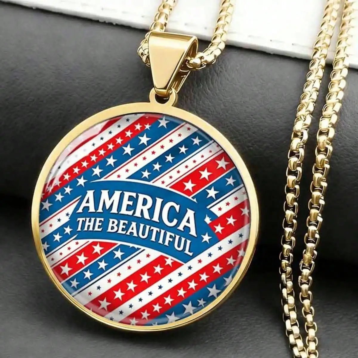 America The Beautiful Pendant Necklace Jewelry, Silver Plated, Patriotic USA Flag Pattern Round Time Gemstone Necklace For Men & Women