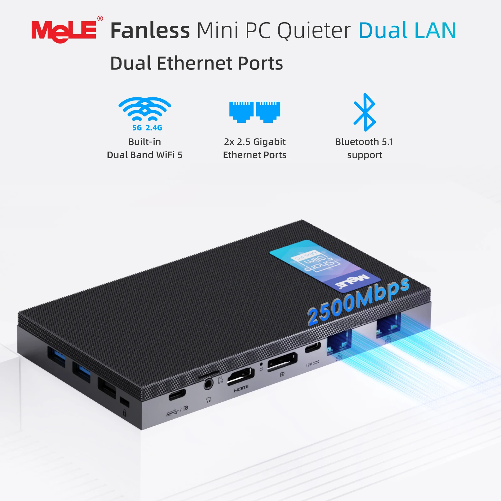 MeLE QuieterDL Fanless N150 Mini PC 2.5Gb Dual LAN Micro PC USB-C HDMI2.0 DP1.4 USB C عرض أجهزة الكمبيوتر المكتبية