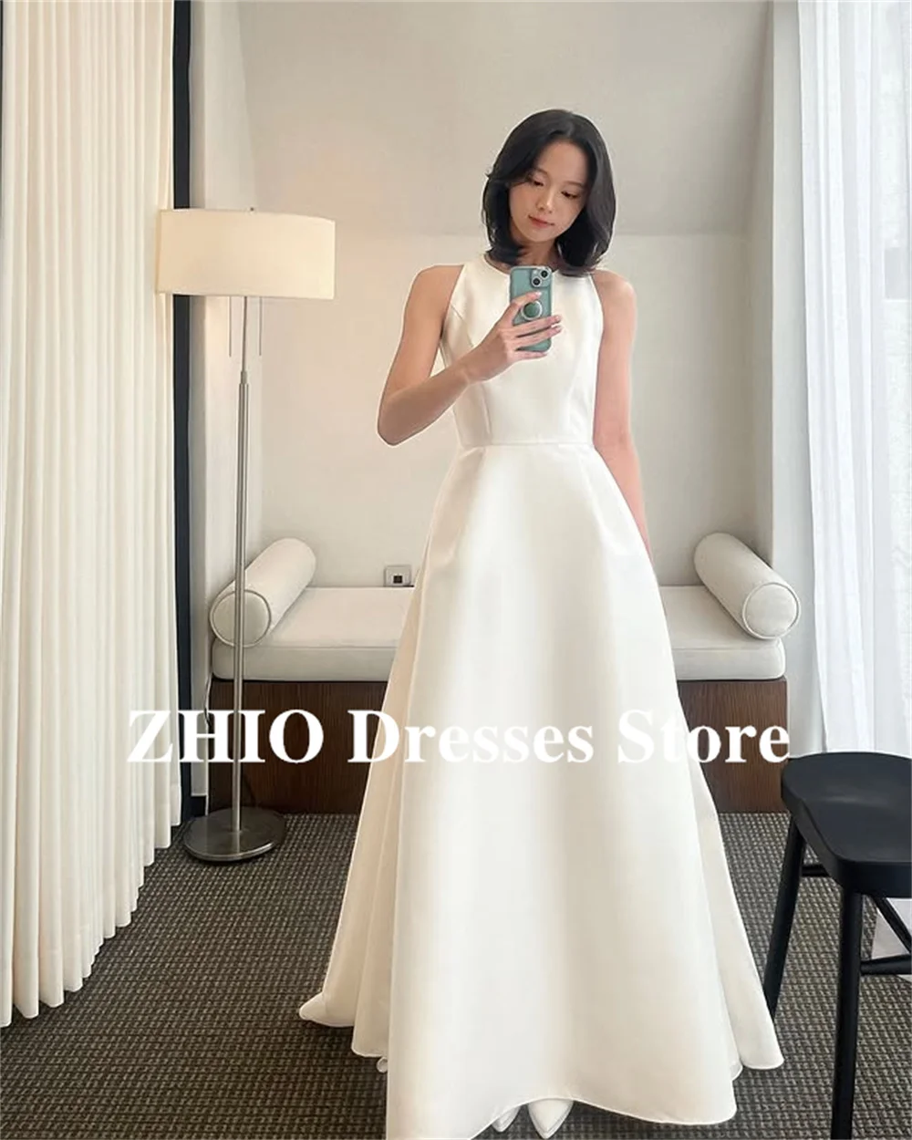 ZHIO Elegante O-hals A-lijn Mouwloze Trouwjurken Korea Vrouwen Satijn Vloerlengte Bruidsjurken Aangepast Eenvoudig ienia Turismo