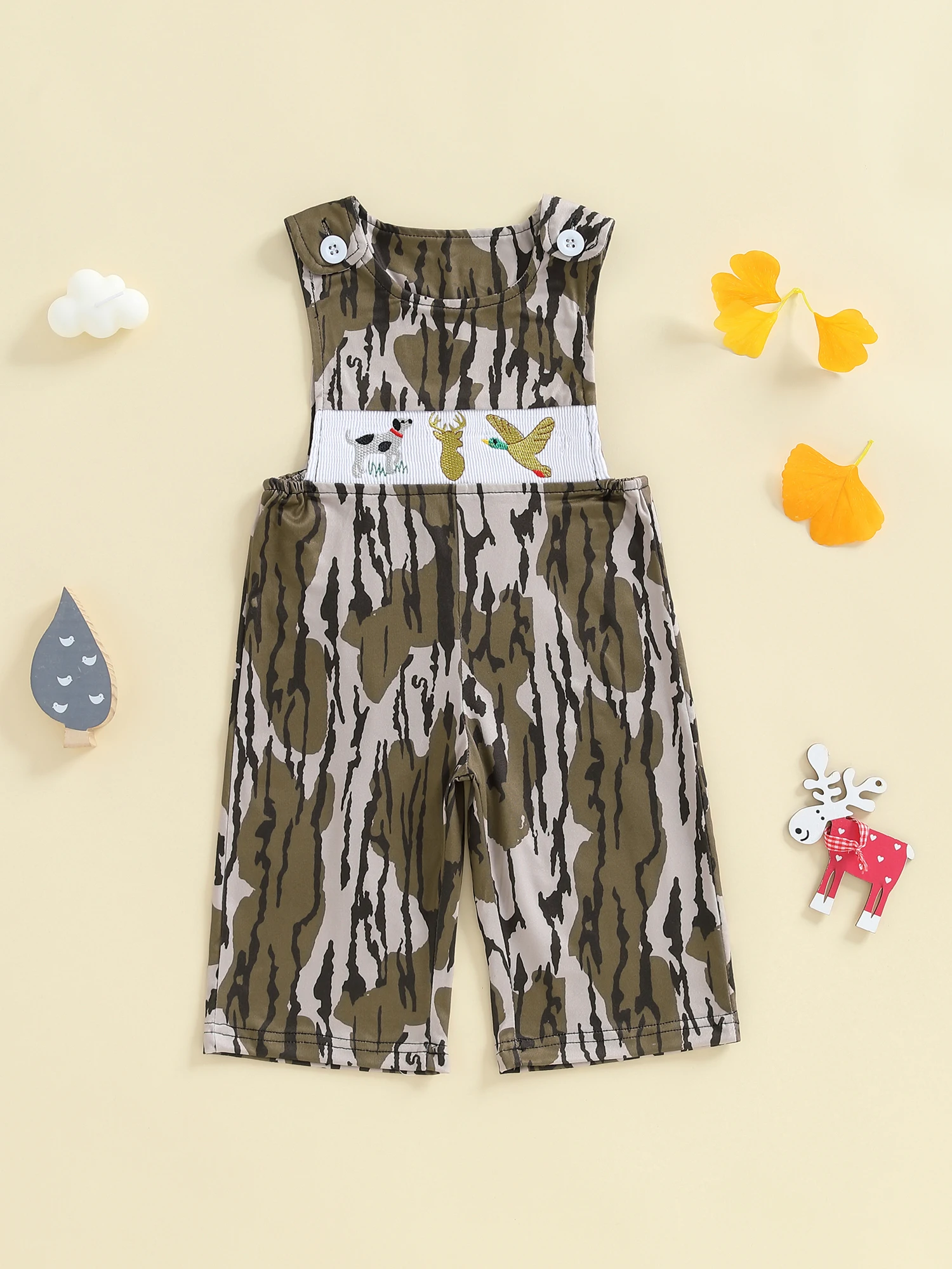 

Милый камуфляжный комбинезон с медведем и аппликацией оленя для малышей, круглым вырезом и длинными рукавами для мальчиков