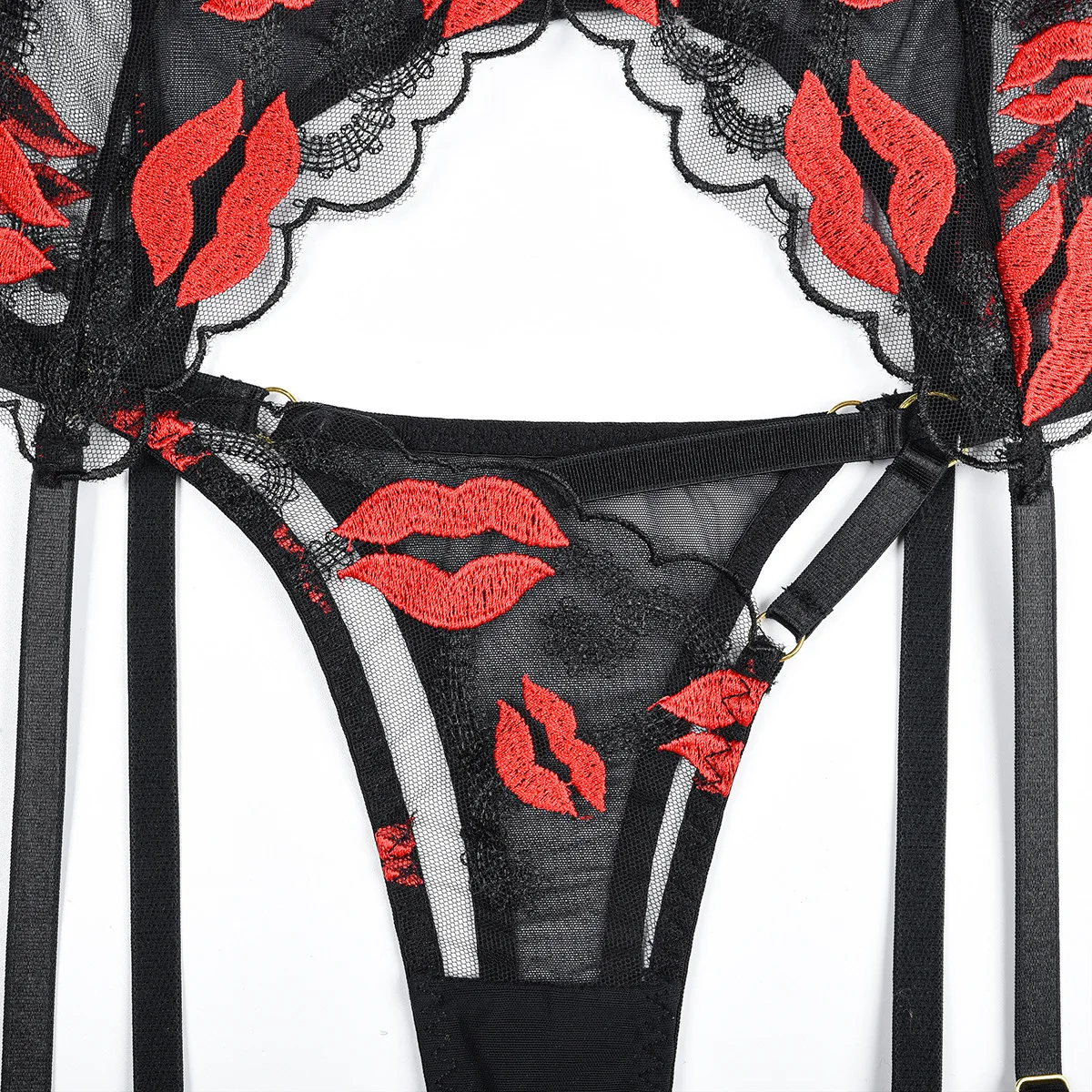 Strappy Lingerie Set 4Piece PushUp Bra Bodysuit Garter Belt Underwear for Women