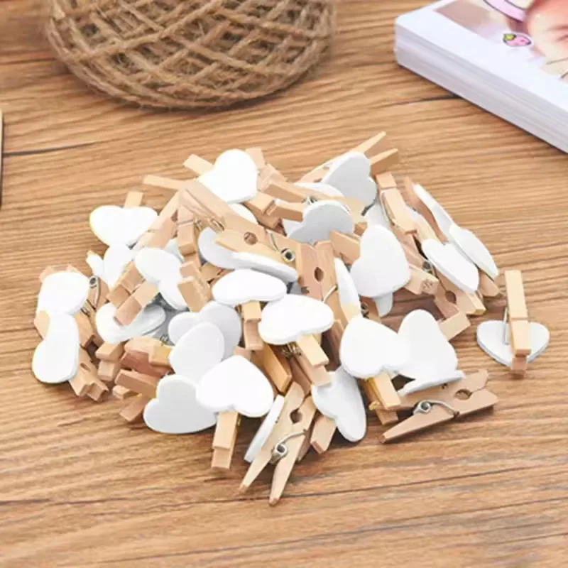 50 Stück weiße Herz-Liebes-Holz-Wäscheklammern, Mini-Wäscheklammern, Postkartenklammern, Heim- und Hochzeitsdekoration, Schreibwaren – Detail 1