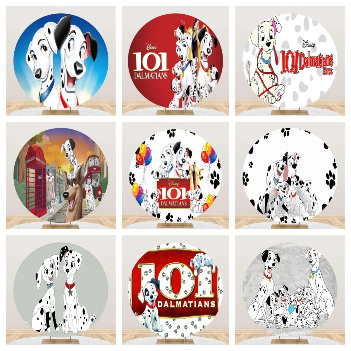 Boys Kids Happy Birthday Party  Decoration Circle Background Cute 101 Dalmatians Dog Elastic Round Backdrop Cover