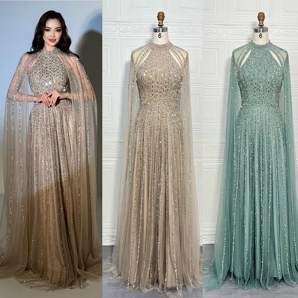 Elegant Arabic A Line Cape Sleeves Evening Dress 2024 for Women Beaded Luxury Dubai Formal Prom Wedding Party Gown Customized