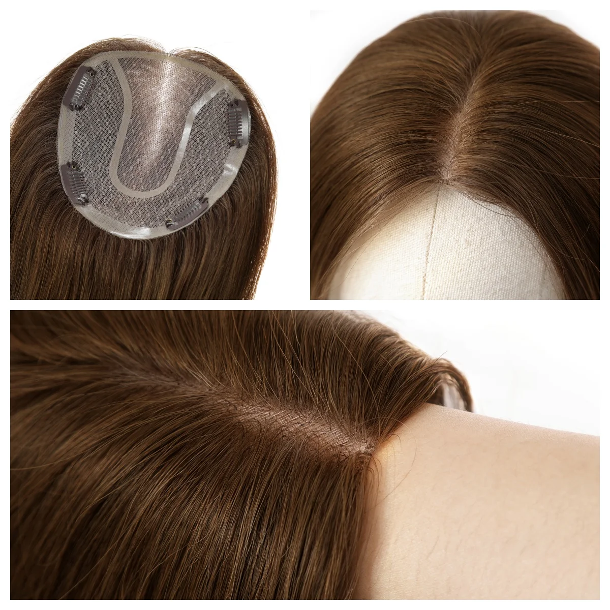 Toppers de cabello humano Remy para mujer, Clips de Base de encaje MONO, postizos de extensiones de cabello humano Marrón Natural, 14 pulgadas