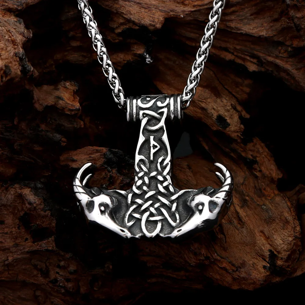 Classic Viking Skull Mjolnir Thor Hammer Stainless Steel Pendant Necklace For Men Women God Strength Amulet Fashion Jewelry