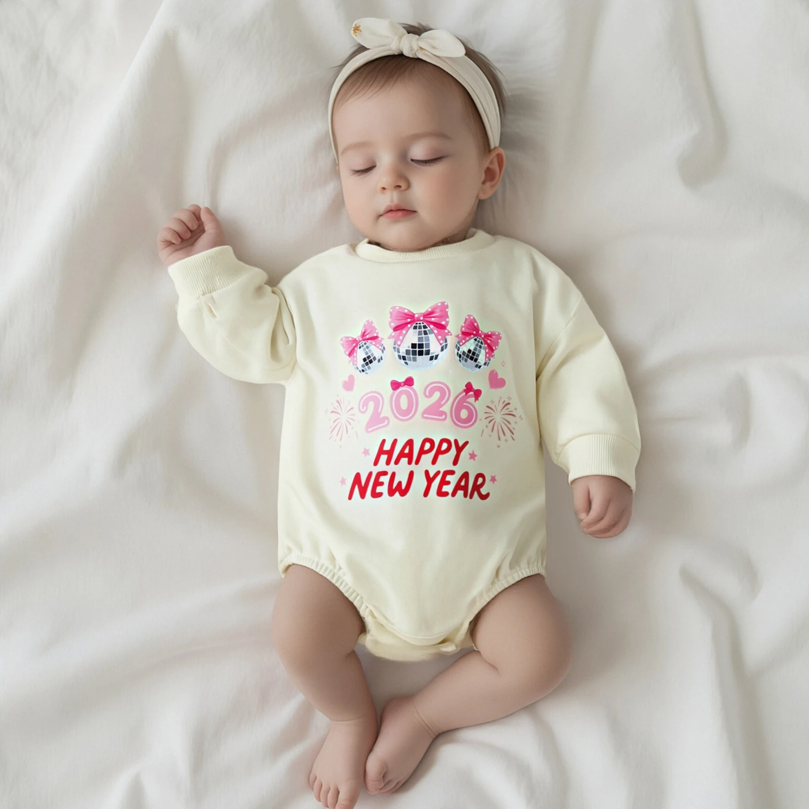 بدلة رومبير للفتيات الصغيرات في السنة الأولى للعام الجديد مطبوع عليها حروف على شكل فيونكة وأكمام طويلة ورقبة دائرية بدلة قفز 2026 #1