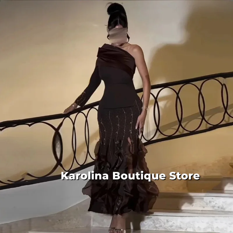 Personalizado de um ombro formal vestidos de noite lantejoulas miçangas babados sereia vestido de baile moderno sem costas longo vestido de festa