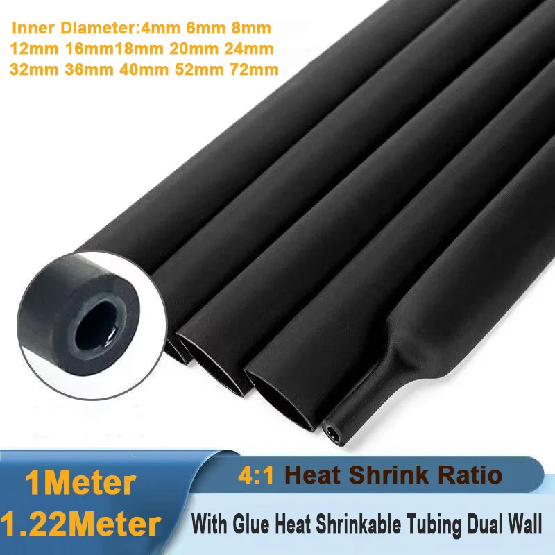 1/1.22 Meter 4:1 Shrink Tube Double Wall With Glue Internal Diameter 4mm~72mm Thick Wall Waterproof Sealing Insulation Sleeve