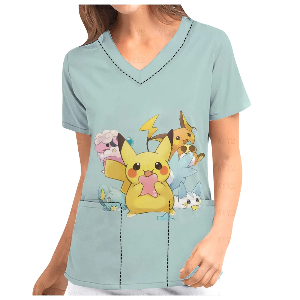 Women's short-sleeved V-Neck Print Scrub Top Spring and Summer Pikachu Printed Work Clothes Beauty Salon Dentistry