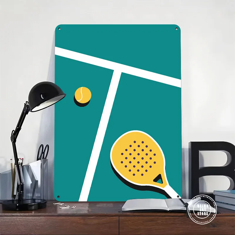 Padel Court With Ball and Racket Poster Retro 3D Printed Metal Signs Customized Wall Hanging Gift for Home Decor Ornaments House