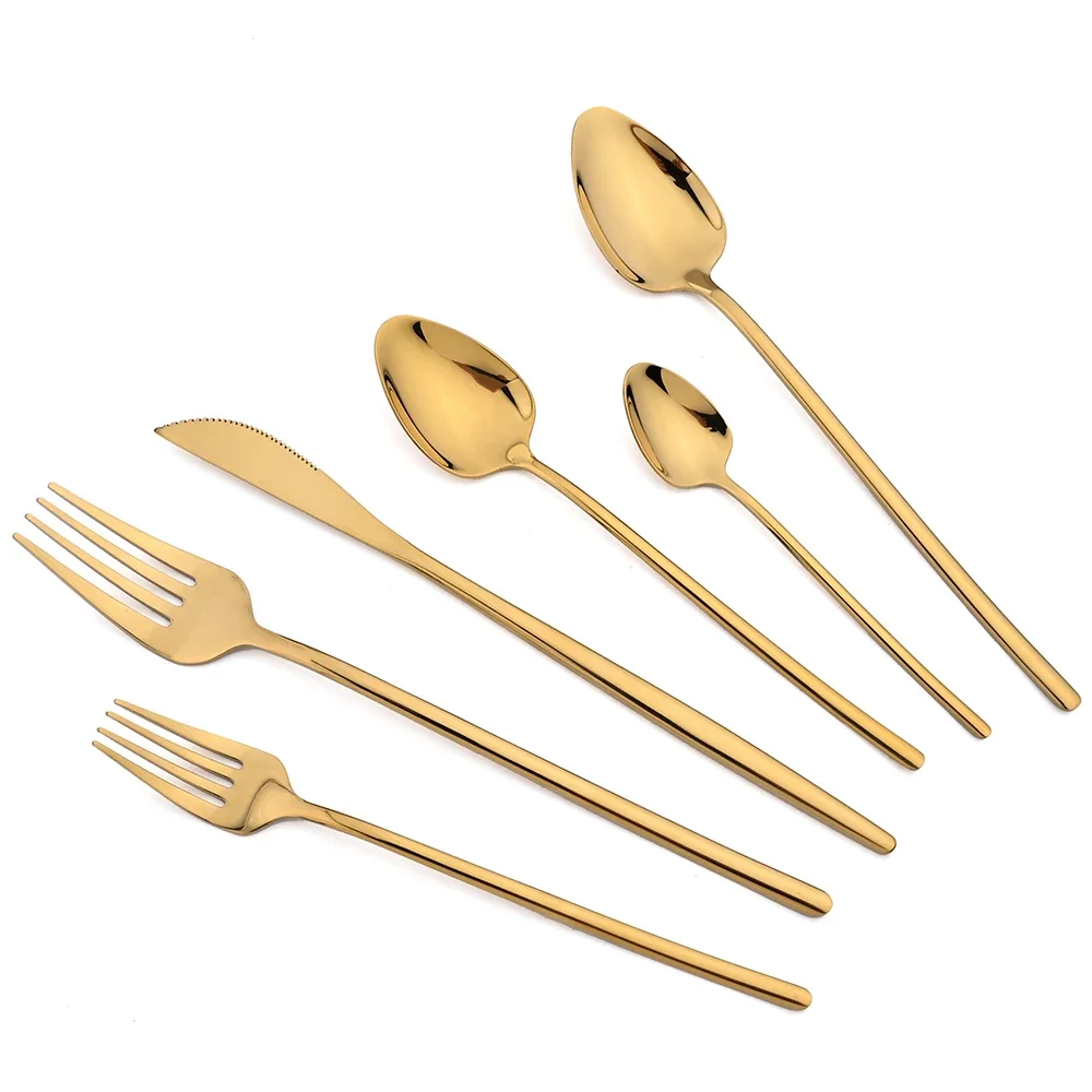 10Pcs Gold Tableware Stainless Steel Silverware Knife Fork Spoon Teaspoon Cutlery Mirror Dessert Dinner Set Complete Flatware