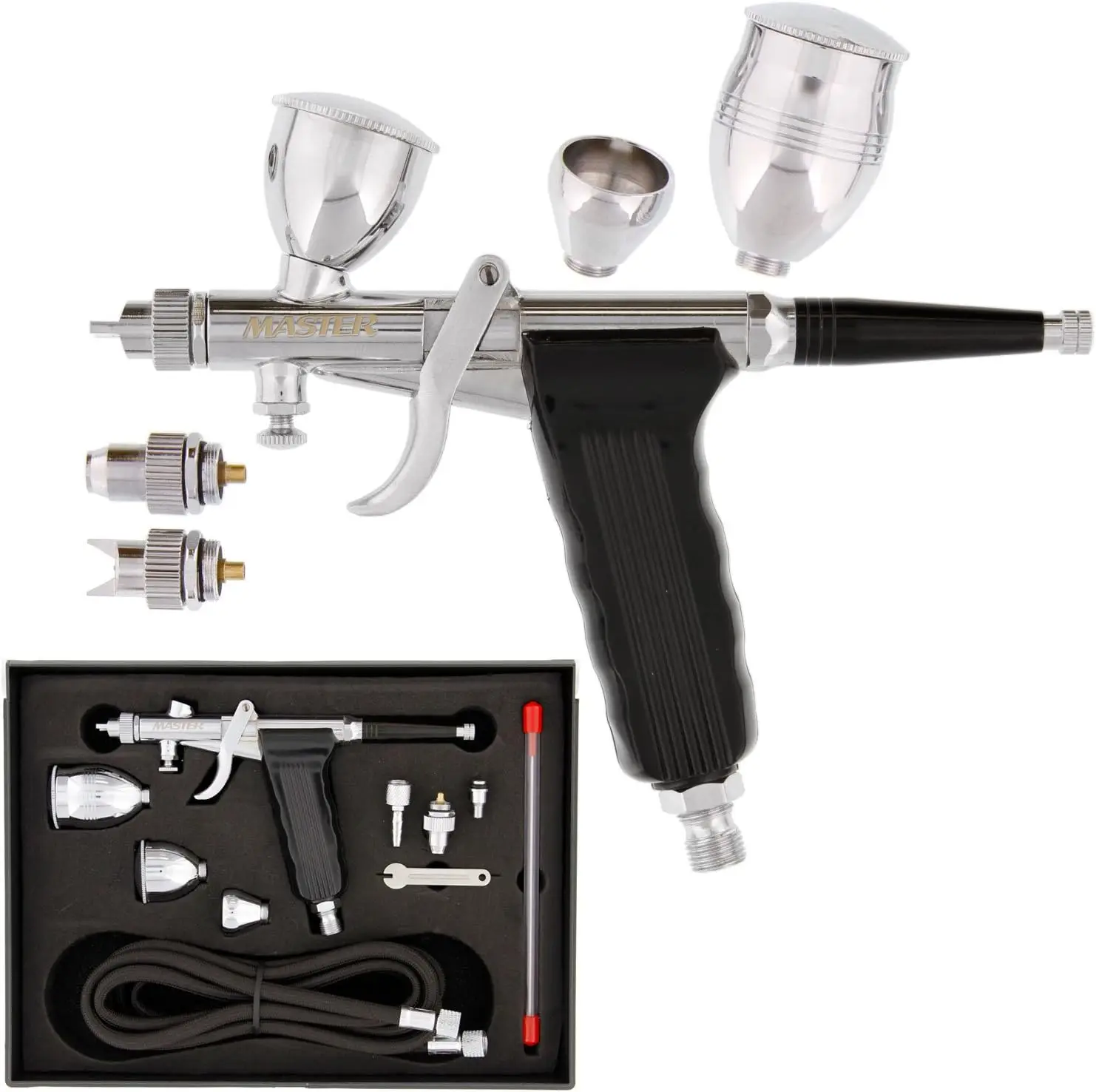 Master Airbrush Model G77 Pistol Trigger Fixed Dual-Action Gravity Feed Airbrush, 2 Nozzle Sets (0.3 & 0.5Mm), Spray Gun Fan