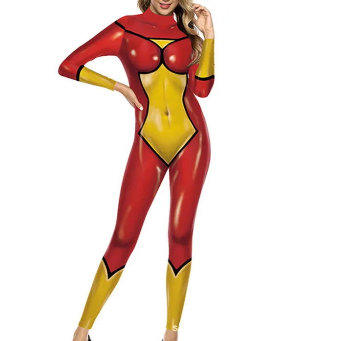 Halloween Sexy Damen Kostüm mit Digitaldruck, Karneval Bodysuit mit Reißverschluss, Party Cosplay Jumpsuit Outfit – Detail 27