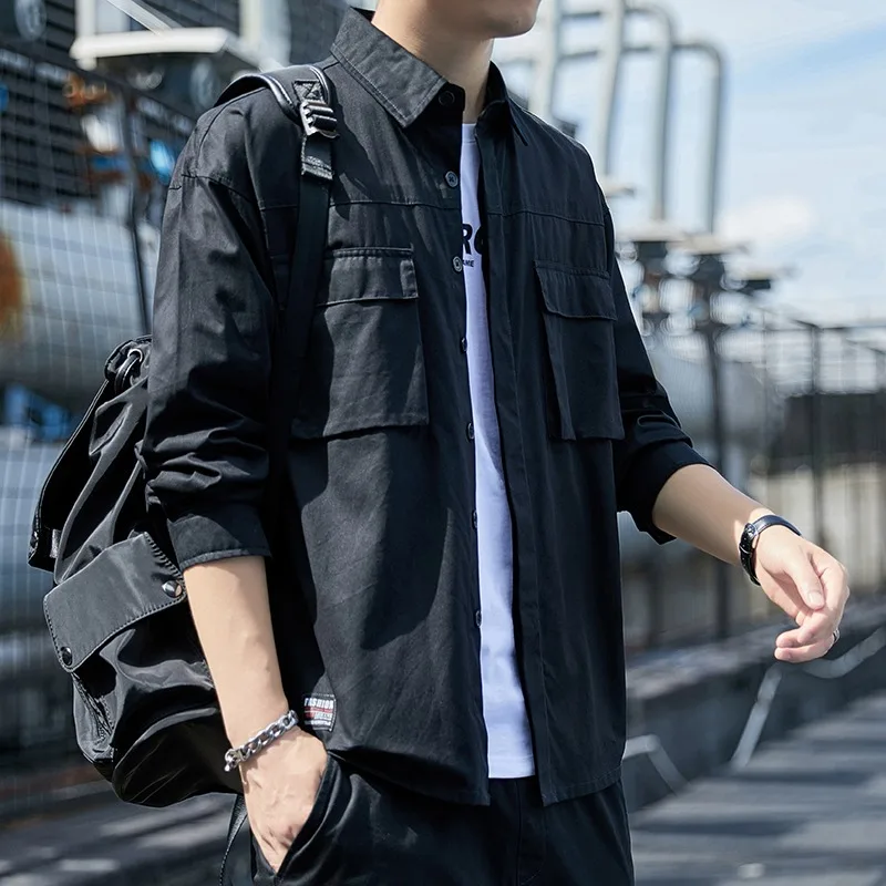 قميص رجالي جديد بجيب مزدوج بأكمام طويلة، ملابس عمل فضفاضة، كاجوال ومتعدد الاستخدامات، سترة برقبة مربعة وسيم وعصري للرجال #5
