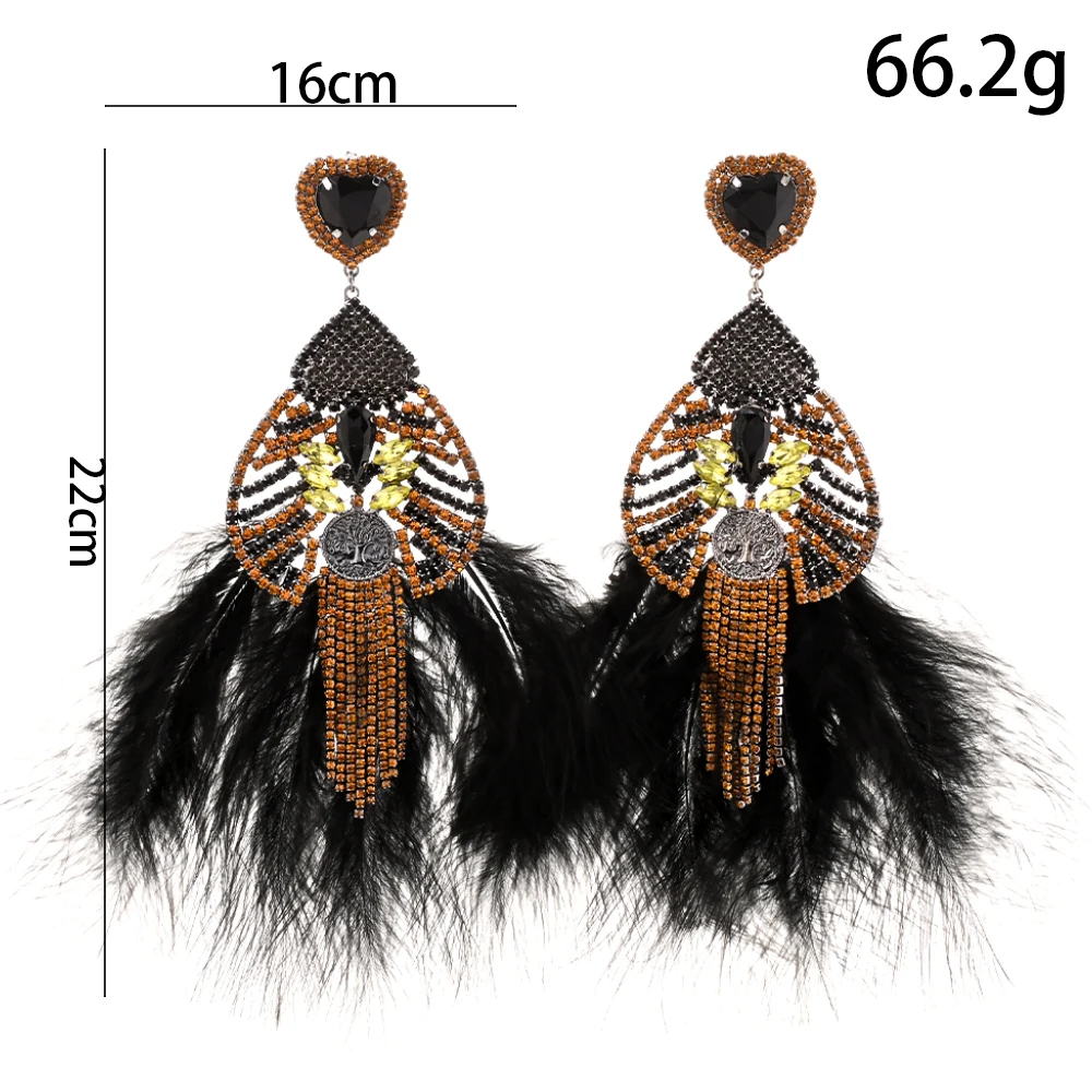 Exaggerated Black Feather Earrings for Drag Queen Statement Accessories Fashion Design Large Rhinestone Dangle Earrings Party