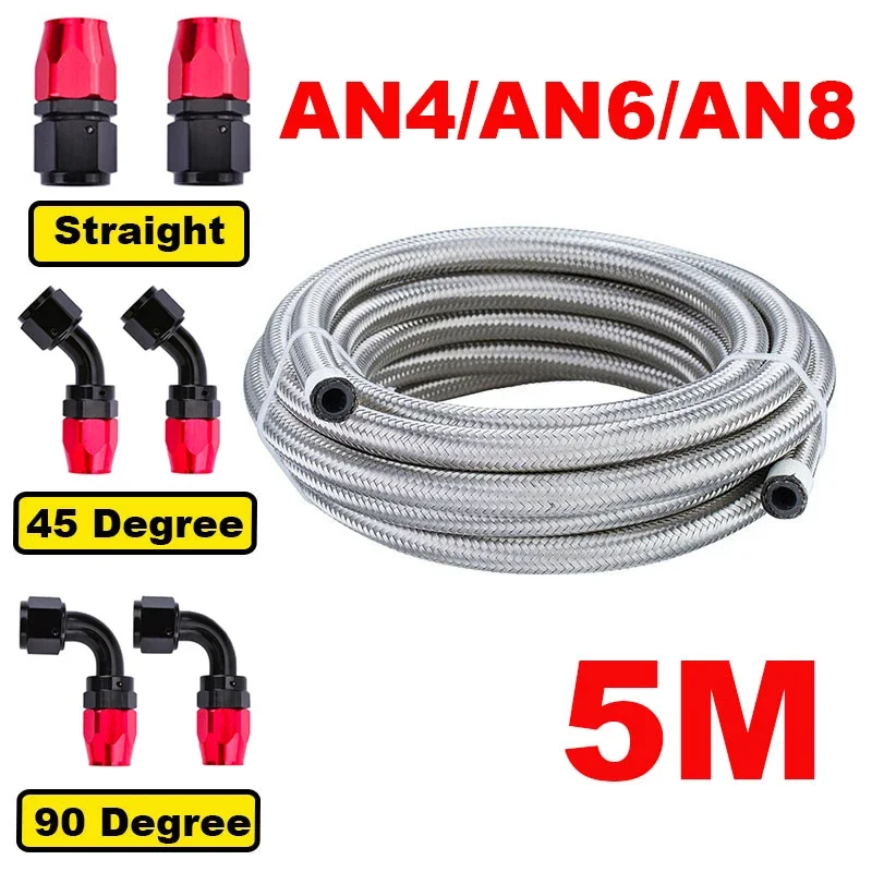 

16FT 5M AN4 AN6 AN8 Stainless Steel Braided CPE Rubber Car Fuel Hose Line 0/45/90 Degree Hose End Fitting Adapters Hose Line Kit