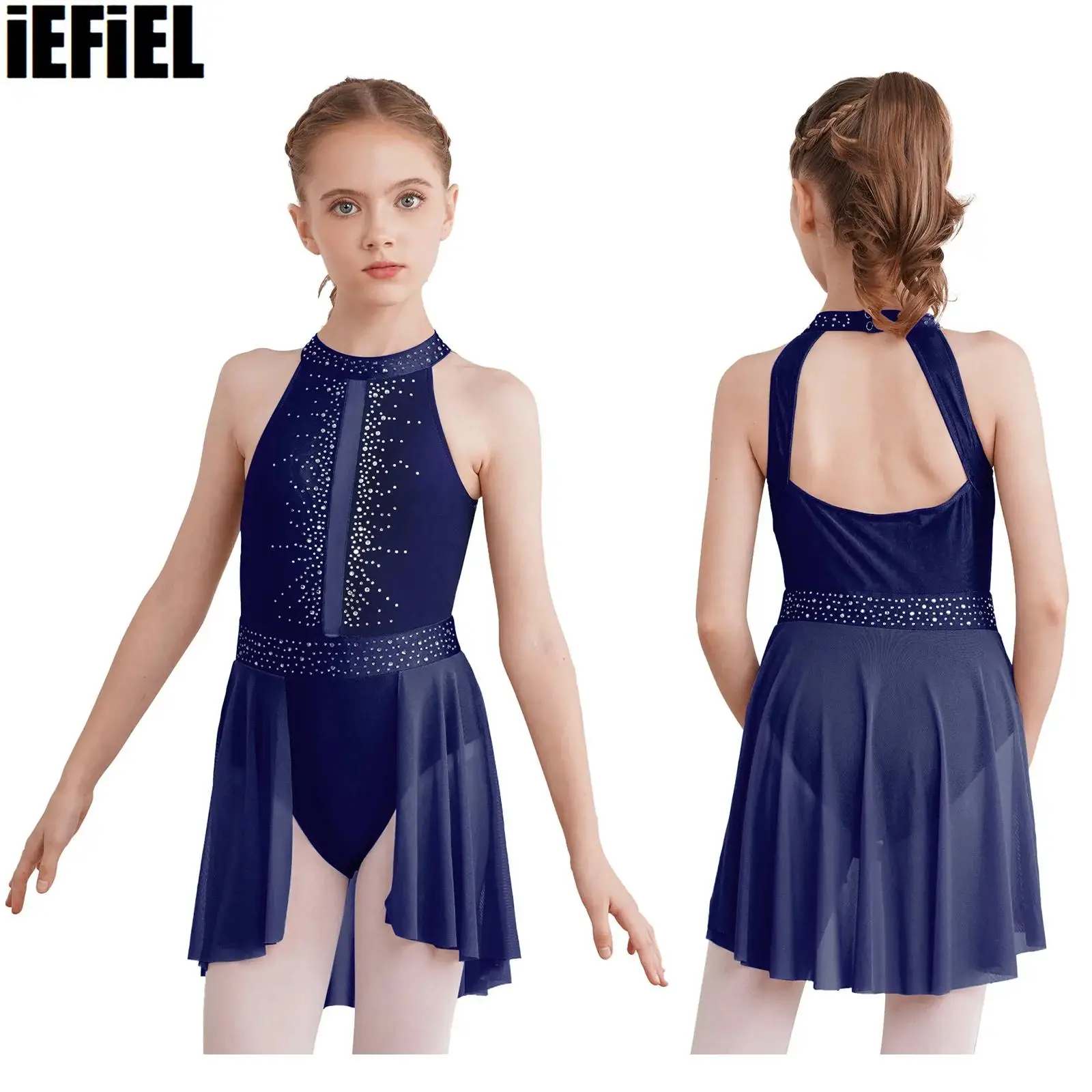 

Kids Girls Cutout Back Dance Leotard Dress Sleeveless Mock Neck Shiny Rhinestones Decorated Dress for Performance Competition