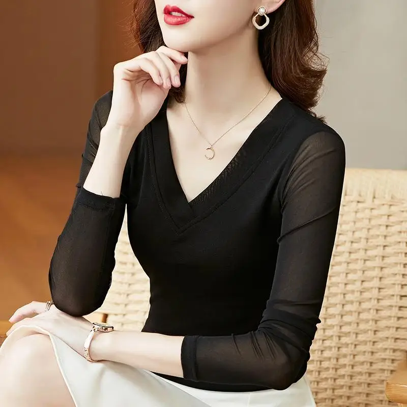 

Ele V-Ne Base irt Women's Low-Ne Lace Me irt Autumn Winter Thiened Long Sve Color Commute Sle