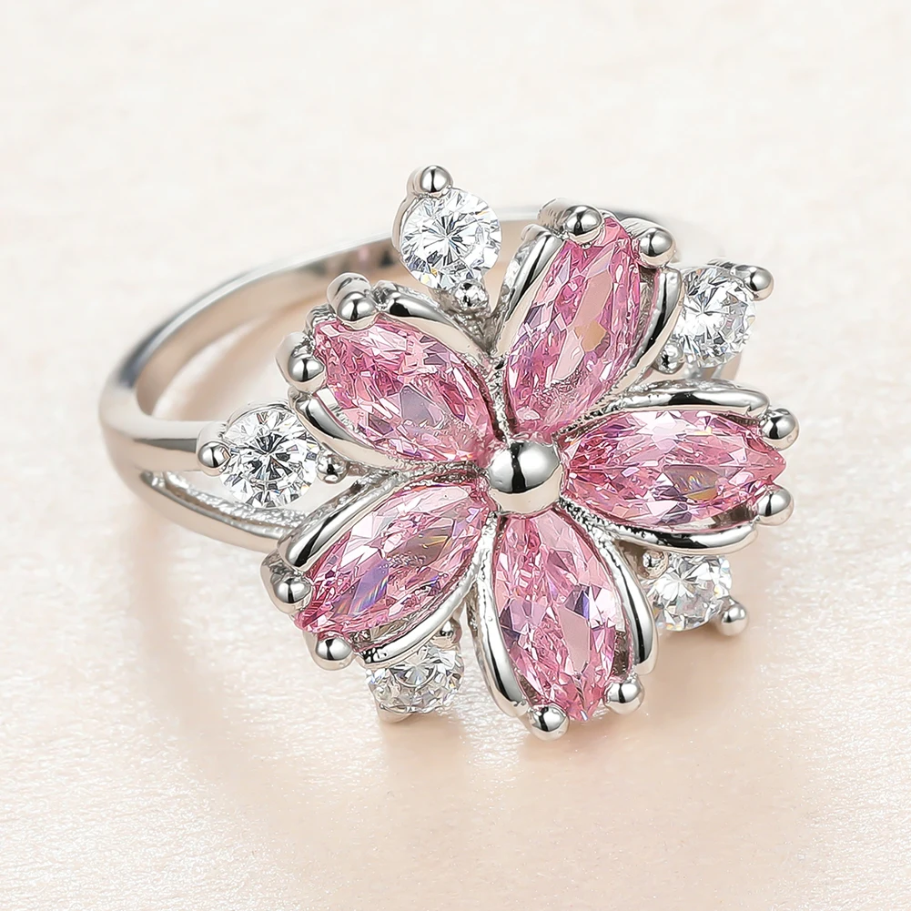 Śliczny kobiecy różowy kryształowy kamień Pierścionek z zawieszką w kolorze srebrnym Cienkie obrączki ślubne dla kobiet Dainty Bride Flower Zircon Pierścionek zaręczynowy — zdjęcie 4