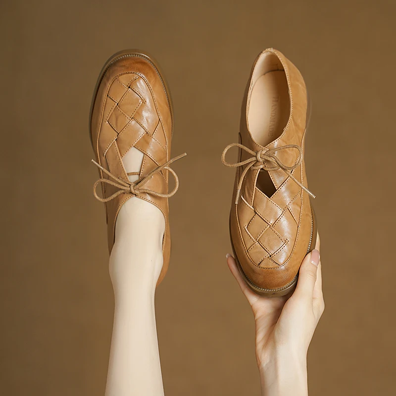 

Genuine Leather Loafers Woven Lace Up Chunky Heel Round Toe Soft Sole Casual Comfortable Shoes