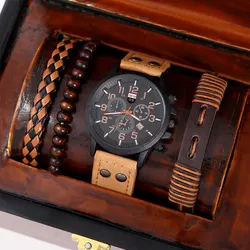 4PCS Set Fashion Mens Sports Bracelet Watches For Men Military Quartz Wrist Watch Classic Male Casual Leather Watch Reloj Hombre