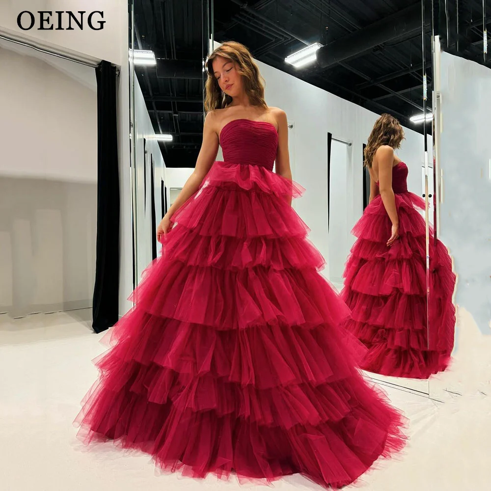 

OEING Simple Red A Line Prom Dress Elegant Strapless Tulle Tiered Evening Dresses Formal Occasion Gowns Vestidos De Fiesta