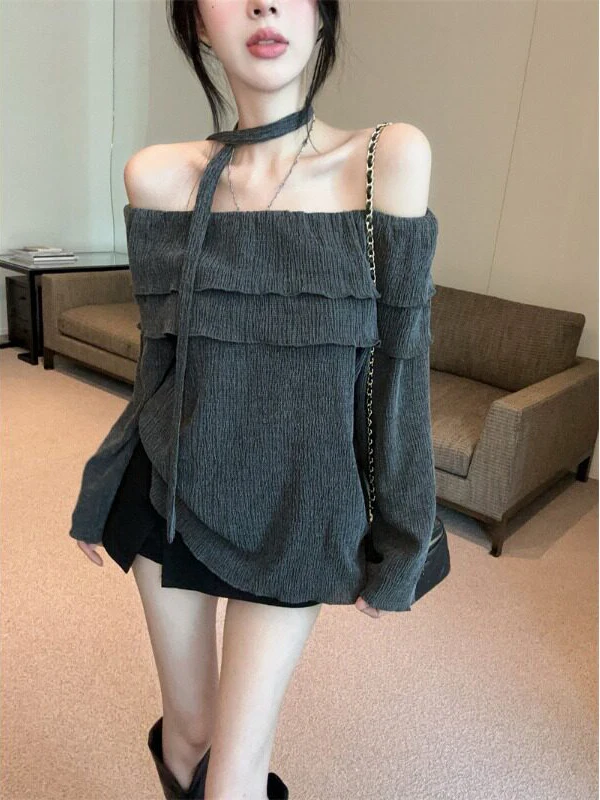 

Корейская женская рубашка свободного кроя с длинным рукавом и поясом, утягивающий базовый топ, весенний дизайн, универсальный, на одно плечо, с асимметричным подолом