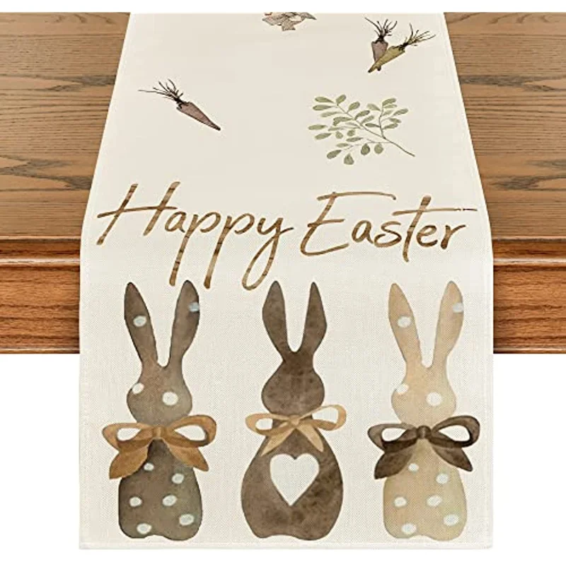 1pc 13 X 72 Inch Carrots Rabbit Bunny Happy Easter Table Runner Kitchen Dining Table Decoration for Indoor Outdoor Home Party