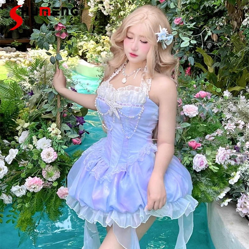 

Beach Dress for Women Girl's Off-Shoulder Halter Sexy Mini Vacation Dress Japanese Lolita Style Sweet Elegant Bud Fairy Dresses