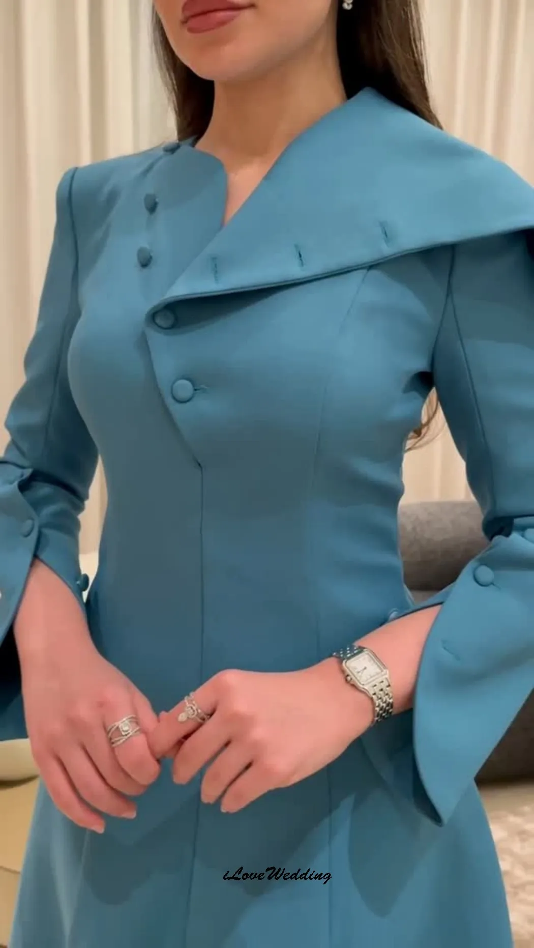 فساتين لحضور الحفلات الموسيقية الأزرق على شكل حرف a أنيقة 2025 فساتين سهرة بأكمام طويلة وأزرار فساتين رسمية لحفلات الزفاف للنساء حسب الطلب #2