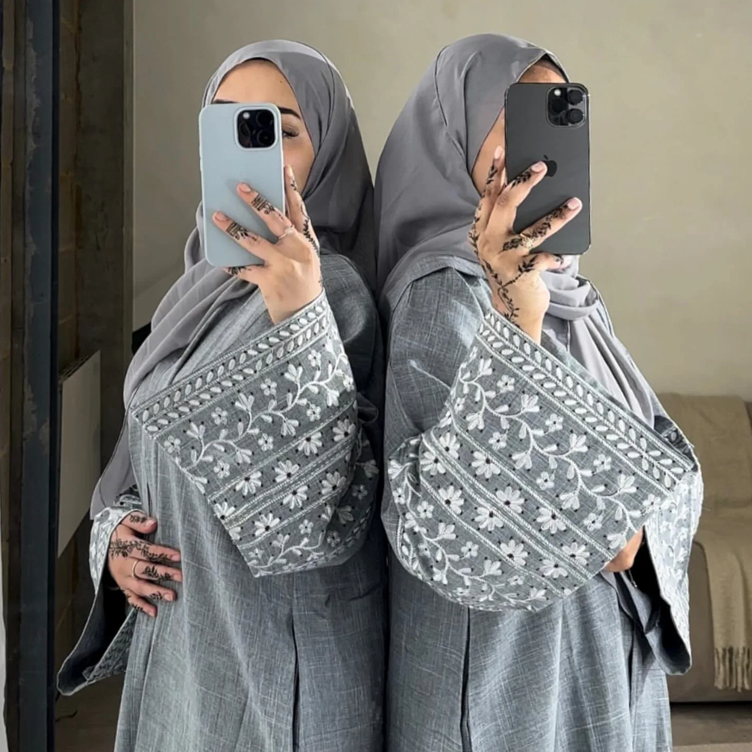 Cotton Linen Open Abaya Kimono Floral Embroidery Sleeves Cardigan Muslim Abayas for Women Dubai Islamic Clothing Kaftan Dress