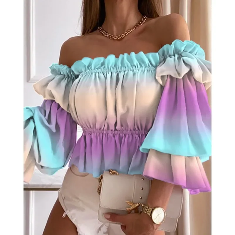 Spring Summer Women\'s Fashion Leisure Shirt Print Stacked Sleeve Middle Sleeve Shirt One Line Neck Off Shoulder Pleated Shirt