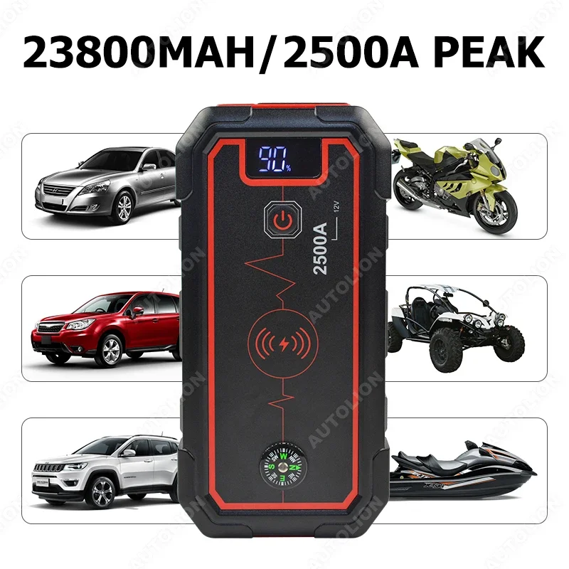 2500A Jump Starter with Wireless Charging 12V Emeygency Vehicle Tools Power Bank Battery Starting Device Car Booster