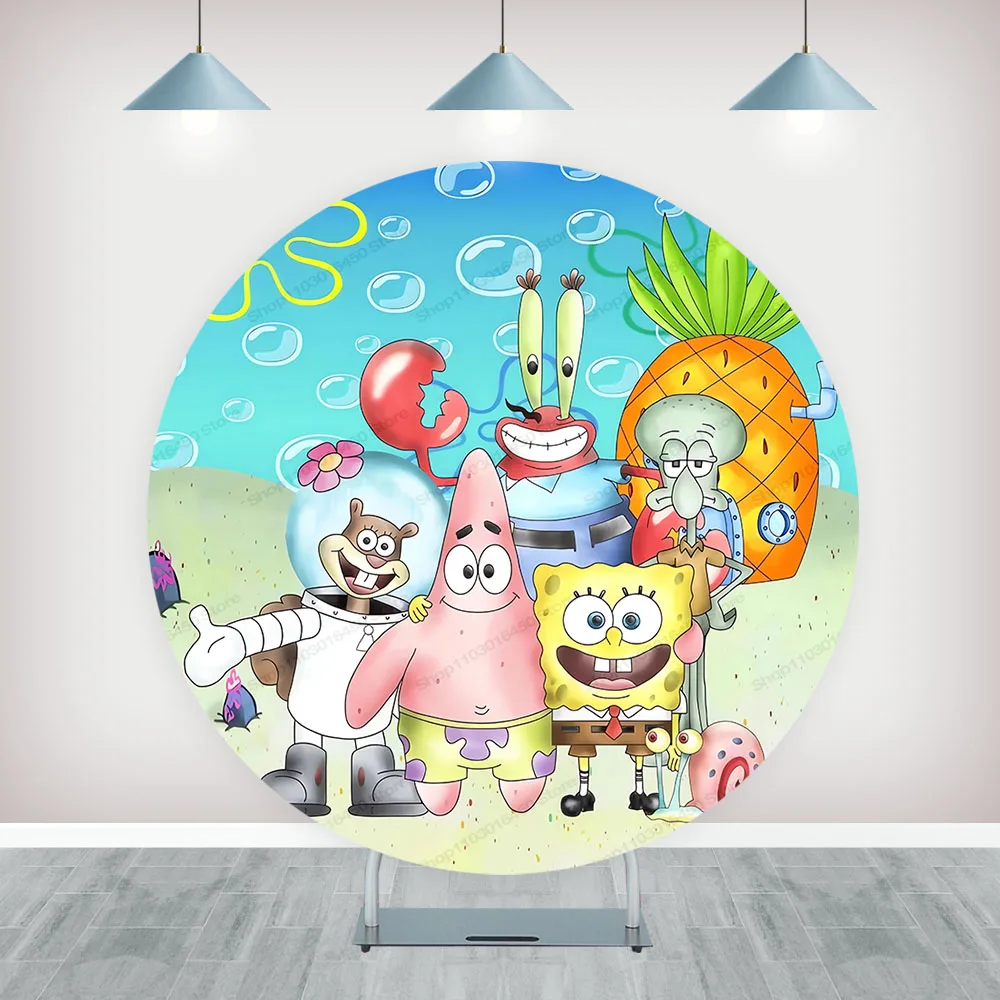 The Sponge Bobs Round Backdrop Elastic Circle Baby Shower Cute Cartoons Birthday Party Background Cylinder Decoration Props