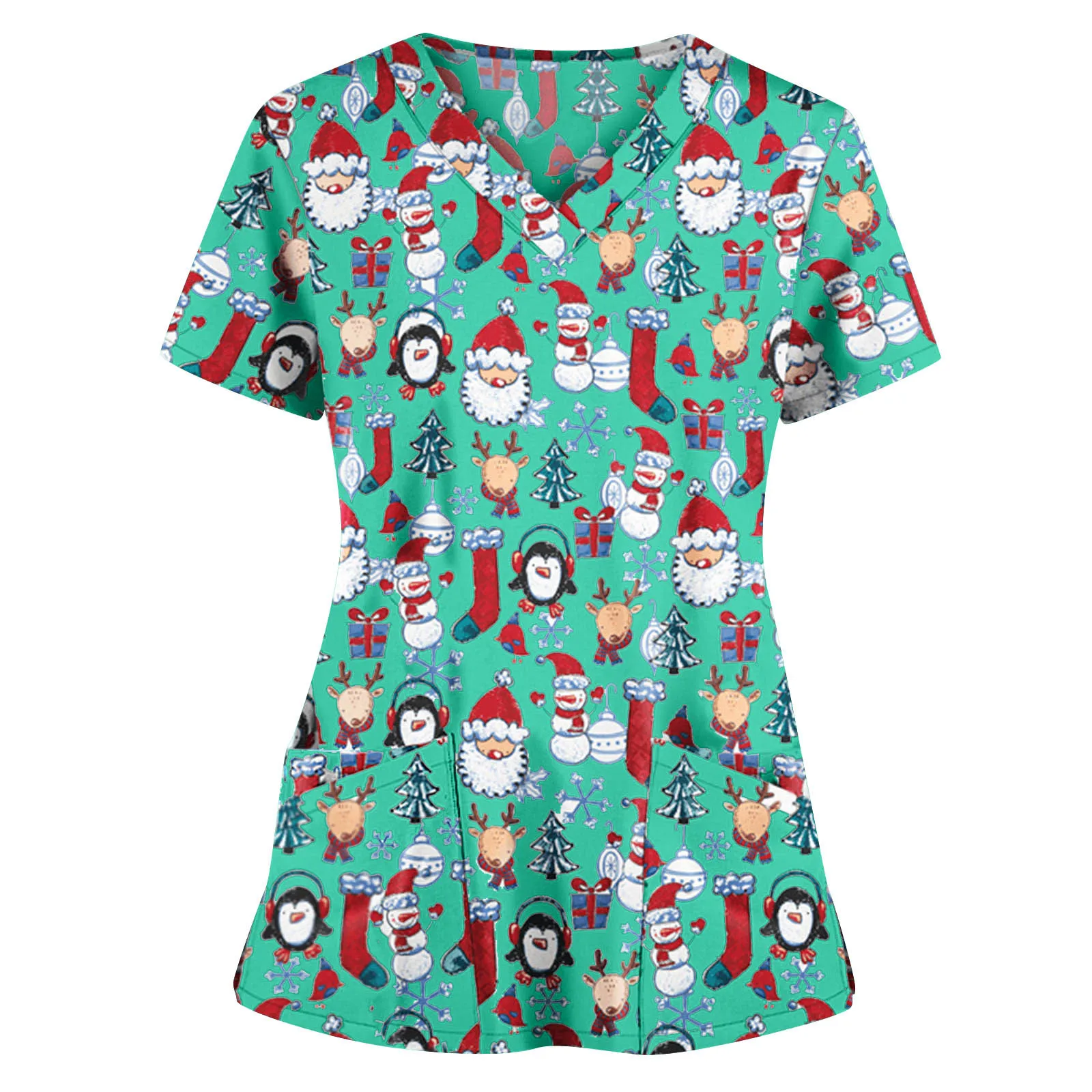 Uniformes de enfermera de Navidad para mujer, Tops estampados de Navidad, manga corta, cuello en V, ropa de trabajo de salud suelta, uniformes de enfermera médica