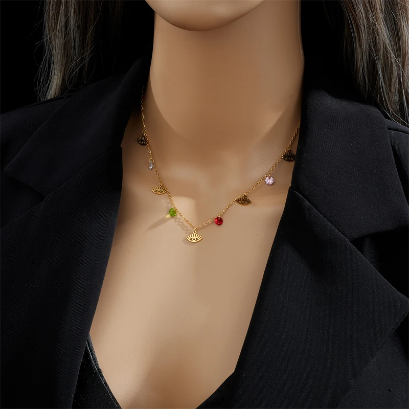 DIEYURO 316L Stainless Steel Colorful Zircon Eye Shape Pendant Necklace For Women New Vintage Girls Clavicle Chain Jewelry Gifts image 5