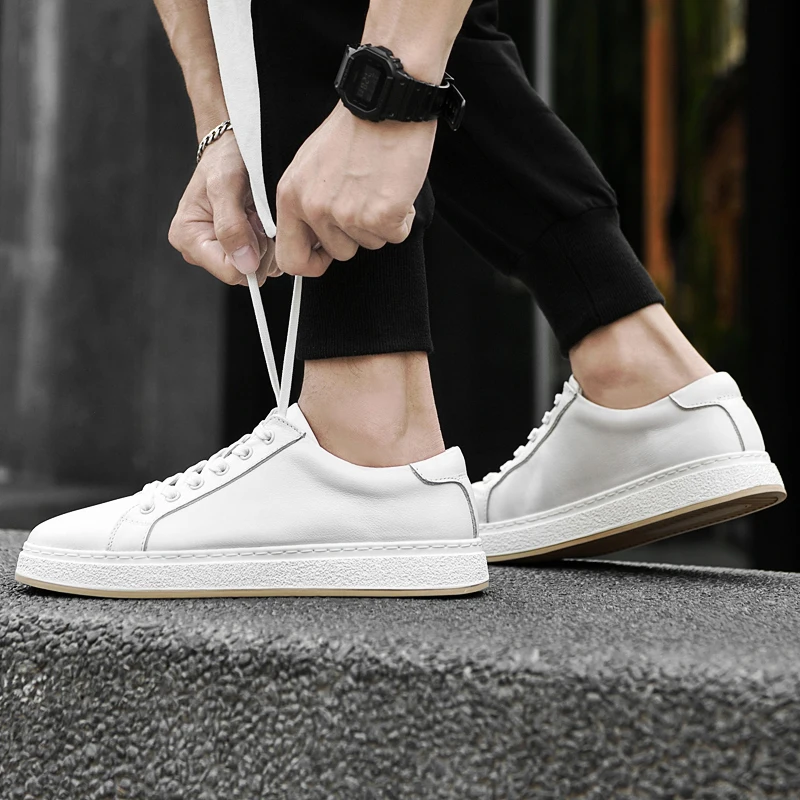 Chaussures de skate pour hommes en cuir véritable – Baskets de marche souples, décontractées et tendance_voghion.com
