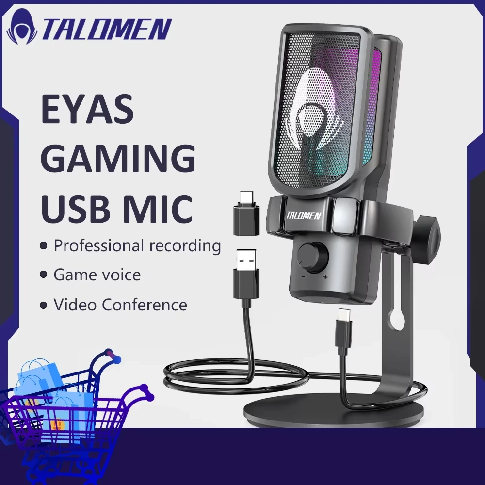 

Игровой USB-микрофон Talomen для ПК, конденсаторный микрофон для подкастов с RGB-подсветкой, ручка усиления отключения звука для записи чата PS4 PS5