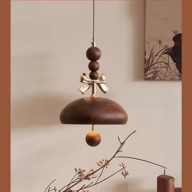 Vintage Wooden Pendant Light Decor LED Luxury Retro Mushroom Shape Hanging Lamp Ceiling Light for Bedroom Living Room Home Decor